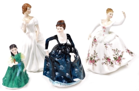 Three Royal Doulton figures, comprising Patricia HN2715, Shirley HN2702, and Francine HN2422, together with a Coalport figure modelled as Diane. (4) (AF)