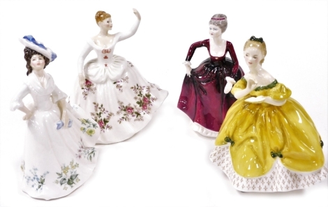 Three Royal Doulton figures, comprising Shirley HN2702, Adele HN2480, and The Last Waltz HN2315, together with a Coalport figure modelled as Sophie. (4) (AF)