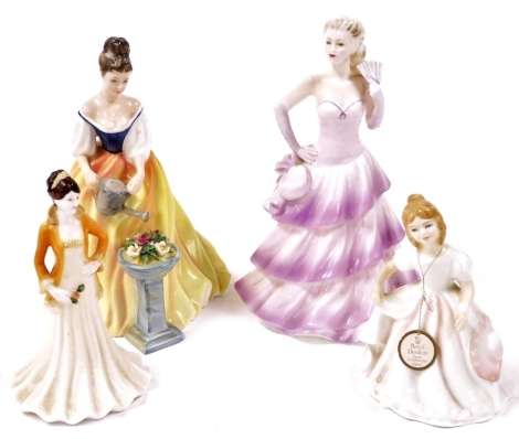 Two Royal Doulton figures, modelled as Alexandra HN3286, and Amanda HN2996, together with two Coalport figures modelled as Ladies of Fashion, Bolero and Debutante Tricia. (4)