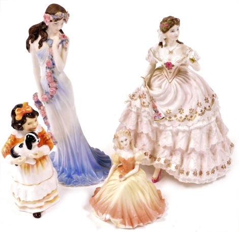 A Royal Worcester porcelain figure, modelled as the Fairest Rose, limited edition 3782/12500, Royal Doulton figure modelled as Faithful Friend HN3696, and two Coalport figures, modelled as Sapphire, limited edition 3202/9500, and Debutante Beth. (4)