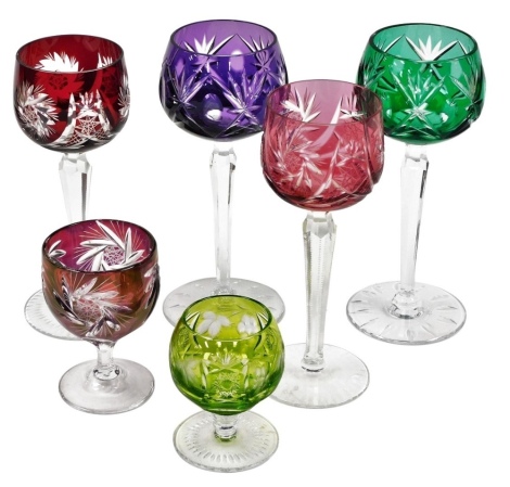 A pair of Continental flashed long stemmed wine glasses, with amethyst and green glass bowls, two further long stemmed wine glasses and two liqueur glasses. (6)