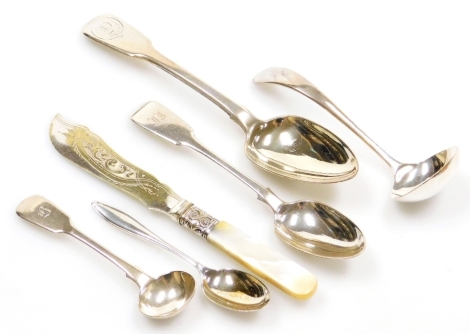 A group of silver and other flatware, to include a Fiddle pattern dessert spoon, with engraved monogram, London 1825, Fiddle pattern mustard spoon, London 1791, etc., weighable silver 4.84oz.