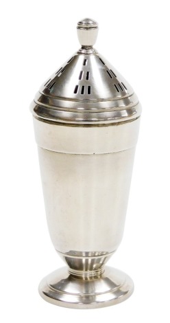 A George V silver sugar sifter, with a conical lid and tapering base, Birmingham 1931, 5.16oz, 17cm high.