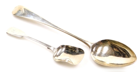 A George III silver Old English pattern serving spoon, London 1800, and a Victorian silver Fiddle pattern spoon, with a shaped bowl and engraved monogram handle, London 1861, 2.64oz.