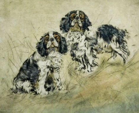 After Henry Wilkinson. Two Cavalier King Charles Spaniels, in rural setting, colour dry point engraving, signed limited edition of a 23/150, 24cm x 29cm.