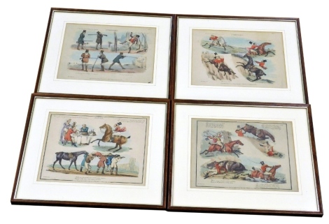 A set of four 19thC colour engravings, depicting hunting scenes, two entitled Symptoms and two entitled Songs, published by Thomas McLean Repository of Wit and Humour, 26 Haymarket 1822, 21cm x 27cm.