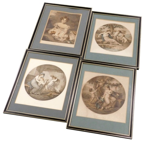 Four 19thC colour engravings, to include after Thomas Lawrence, Miss Peel, engraved by W. Ward, 29cm x 23cm, after Hamilton Pinzit, Winter, Autumn, and Summer, 26cm diameter.