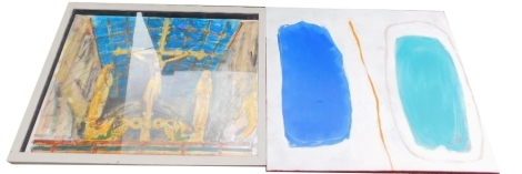 Stephen J. Simpson. Cathedral Rood (Wakefield Cathedral), mixed media, dated verso 1989, 89cm x 118cm, and abstract scene, acrylic on canvas, unsigned, 120cm x 100cm. (2)