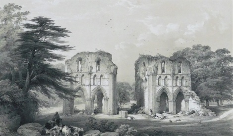 A 19thC engraving of Roche Abbey in Yorkshire, 30cm x 46cm.