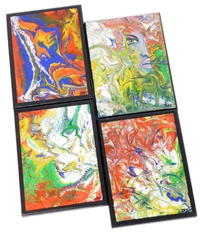 Jay (21stC School). Four abstract works, comprising Lord of the Dance, Wi-fi, Cascade and Octopussy, acrylic on canvas, each 24cm x 18cm, signed and dated.