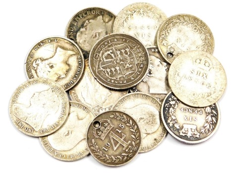 A group of pre decimal silver and other coinage, to include sixpences, 1915 fourpence, drilled, a George III 1820 sixpence, 1910 Indian Rupee, etc., 34.2g.