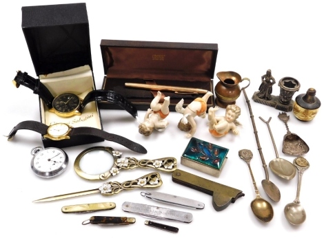 Miscellaneous items, to include Meissen porcelain cherubs, blue cross marks to underside, a fountain pen with rolled gold case, penknives, a Matchbox cover, Sekonda wristwatch, a Gianni Sabatini gentleman's wristwatch, etc. (1 box)