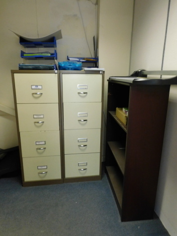 Two steel four drawer filing cabinets, bookcase, guillotine, toaster, microwave and vacuum cleaners, (all in alcove). Note: VAT is payable on the hammer price of this lot at 20%. To be sold upon instructions from Grantham Ceilings & Interiors Ltd (in pro