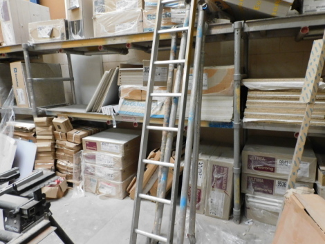 A run of scaffold based shelving, in three bays. Note: VAT is payable on the hammer price of this lot at 20%. To be sold upon instructions from Grantham Ceilings & Interiors Ltd (in proposed liquidation), viewing and collection is from their premises at E