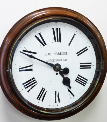 A Victorian mahogany cased wall clock, the painted Roman numeric dial for R. Richardson Middlesbrough, fusee movement, key wind, with pendulum, no key, 52cm diameter.