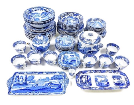 A Copeland Spode blue and white Italian pattern part dinner and tea service, comprising a vegetable tureen and cover, ten dinner and twelve dessert plates, three serving bowls, six dessert and eight fruit bowls, five side plates, hors d'oeuvres dish, sand