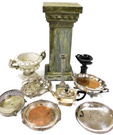 Silver plated wares, including a Corinthian column candlestick, teapot, cruet stands, and an entree dish, together with a green marble replica of the Warwick vase on a plinth, a resin campana vase, and a painted plaster pedestal. (a quantity)