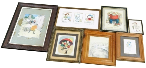 Various pictures and prints, to include after John Hassall, Pip-Pip, print, 26cm x 19cm, The Probable Effects of Good Living and No Exercise, colour engraving, 24cm x 17cm, Winnie the Pooh print, 22cm x 17cm, etc. (a quantity)