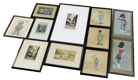 Various pictures and prints, to include after Reginald Green, The Shambles, York, etching, 19cm x 10cm, the Forty Two, two watercolours of gentleman in military dress, indistinctly signed, 29cm x 13cm, various caricature drawings, 19thC engraving of Scarb