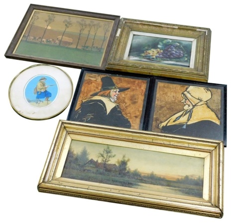 Various pictures, prints, to include cottage aside lake, oil on canvas, unsigned, 19cm x 53cm, after Cecil Aldin, country scene depicting horse and cart in procession, with other figures, print, 32cm x 41cm, fruit still life, oil on board, indistinctly si