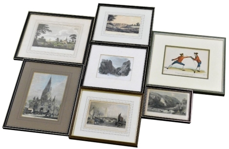 A group of colour engravings, to include Sleaford, 13cm x 18cm, a French duelling print, 12cm x 18cm, Boston Church and the Grand Sluice, Lincolnshire, 10cm x 15cm, Sleaford Church and Marketplace, 20cm x 15cm, etc. (a quantity)