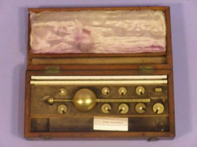 A Sikes hydrometer in a mahogany case by Macord