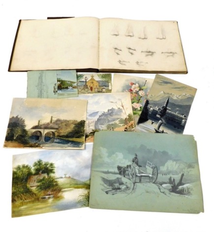 A.W. Willson (19thC British School). An artist's paint book, containing pencil sketches and studies, figures, animals and trees, together with watercolours of English and European landscapes, including Durham and Salzburg.