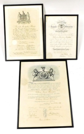 Three Victorian doctor's certificates, awarded to Mr William Frank Hearnden, comprising surgery from the Royal College of Surgeons of England and Edinburgh Medicine certificate, and a certificate in the Practice of Medicine from the Court of Examiners at 