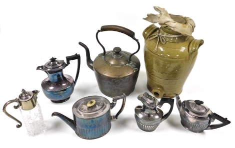 Plated wares, including teapots and lidded hot water jugs, a copper kettle and a stoneware barrel. (a quantity)