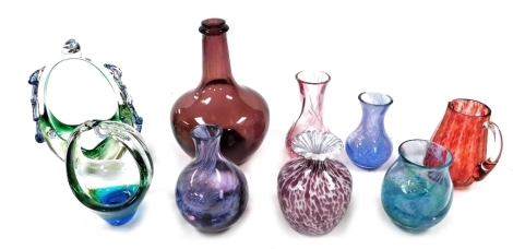 Dartington, Murano and other 20thC glassware, including vases, baskets and a bottle. (9)