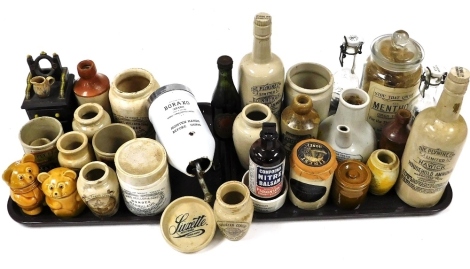 Antique and vintage jars and bottles, including The Plynine Company Limited of Hawick Household Ammonia, and the same of Edinburgh, Thomas' Stone Beer, James Keller of Dundee Marmalade jar, Galway Creamery of Stranraer, Craig Millar cream jugs, Boraxo Han