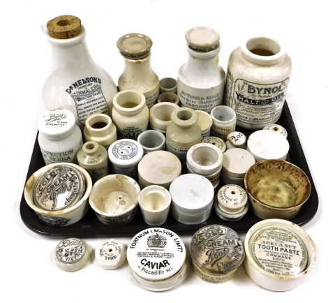 Antique and vintage jars and pots, including a Dr Nelson's Improved Inhale, Bynol Malt and Oil, Arecanut Toothpaste, Boots Cold Cream, Clarke's Miraculous Salve, and Numol Lecithin Food Body Builder. (a quantity)