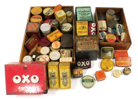 Victorian and later advertising tins, including Beecham's pills, Rummney's peppermint snuff, Pedelene, Lloyd's Bondman, and Duncan's molasses candy (a quantity).