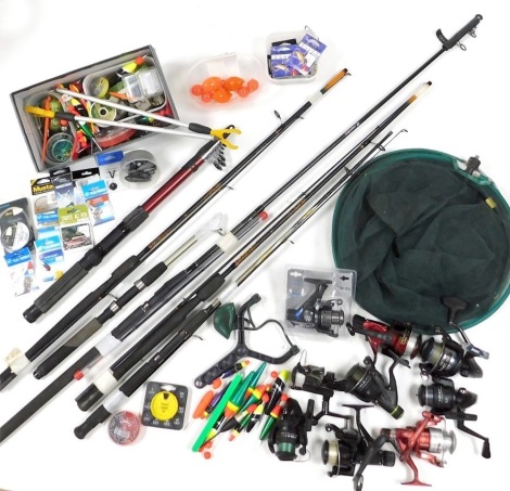 A Pezon and Michel Premium cast two piece fibre glass rod, two Cet Caperlan 210 rods, together with Fladen Geologic Qunhai and other fishing reels, landing nets, lures, floats and other fishing tackle, (quantity).