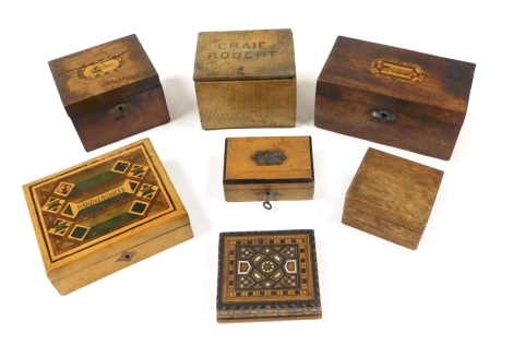 Assorted wooden boxes, some with inlaid decoration. (7)