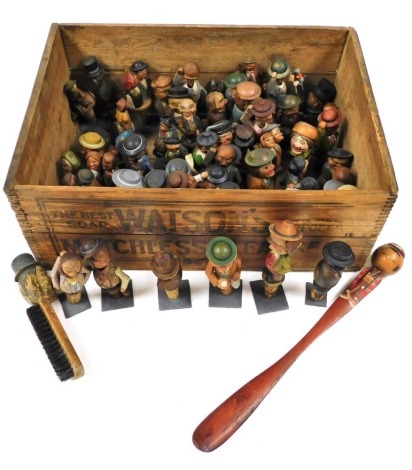 Antique and vintage Black Forest and Swiss figures variously modelled, in a Watsons soap crate.