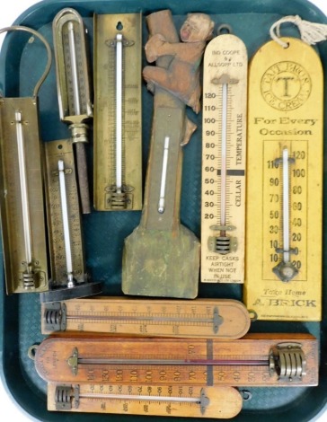 Victorian and later thermometers, including two advertising Ind Coope and Allsopp Limited, and Tate Bros ice cream, a S Maw Son thermometer for the School Board of London, and two cooking thermometers. (a quantity)