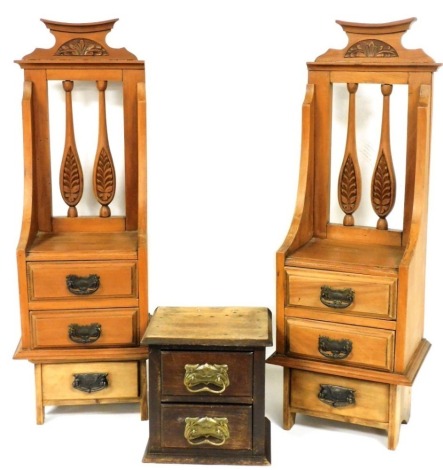 A pair of Victorian satin walnut dressing table superstructure drawers, 64cm high, two further single drawers and a small two drawer chest, 23cm high. (5)