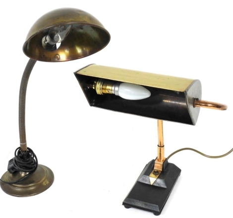 A vintage cast iron copper and brass electric desk lamp, and a further vintage desk lamp. (2)