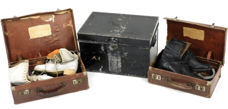 A black painted metal deed box, 40cm wide, 27cm deep, together with two cases, containing vintage ice skates. (3)