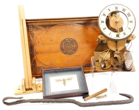 A pine wall mounted towel rail, Victorian mahogany tray, wall bracket, wood wall clock, iron hook and a Deaths Head Hawk moth, cased. (6)