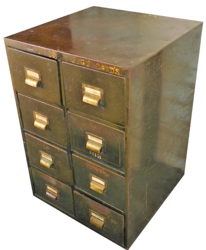 A mid century brown metal filing cabinet, of eight drawers, 74cm high, 50cm wide, 51cm deep.