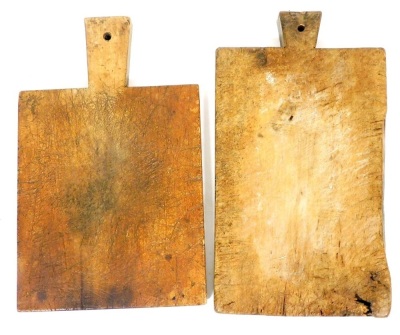 Two 19thC wooden chopping boards, 37cm and 50cm long respectively.