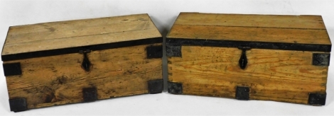 A late 19th/early 20thC pine and metal bound tool chest, 62cm wide, and another similar, 62cm wide.