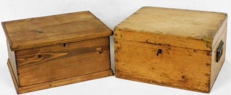 A 19thC pine small toolbox, with key, 39cm wide, and a similar pine box, 40cm wide.