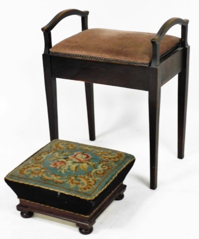 A Victorian mahogany footstool, with floral wool work tapestry seat, raised on bun feet, together with a Victorian mahogany piano stool. (2)