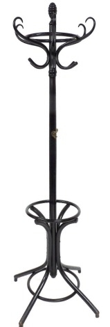 An early 20thC ebonised bentwood coat stand, in the manner of Thonet, with a turned column shaped hooks, etc., 200cm high.