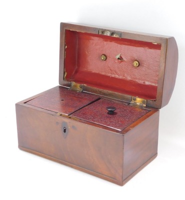 A late 19thC mahogany tea caddy, with domed top and brass swing handle, with fitted interior, one lid missing, 17cm high, 24cm wide, 13cm deep. - 5