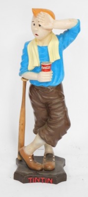 A plastic Tintin advertising model, depicting Tintin frowning and leaning on a baseball bat, on stepped base, painted plastic, 87cm high. - 4