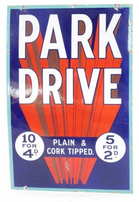 A Park Drive enamel sign, with a turquoise border on a royal blue and red and white ground, 92cm x 62cm. - 2